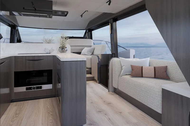 Slide: The Image of Manufacturer Provided Image: Modern interior of 2026 Galeon 520 Fly yacht with sleek design and ocean view. - 2