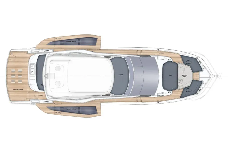 Slide: The Image of Manufacturer Provided Image: Top view layout of 2026 Galeon 520 Fly yacht with openable balconies. - 3
