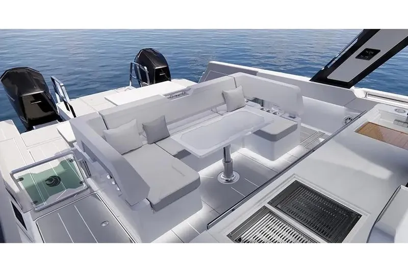 Slide: The Image of Manufacturer Provided Image: Luxurious seating area on 2026 Aquila 45 Sport yacht with modern design and ocean view. - 7