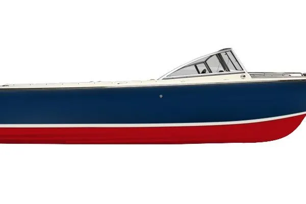 Slide: The Image of 2026 Rossiter 23 boat with blue hull and red bottom, side view. - 10