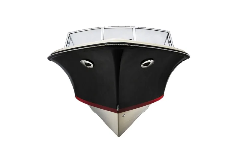 Slide: The Image of Front view of a 2026 Rossiter 23 boat with sleek black hull design. - 9