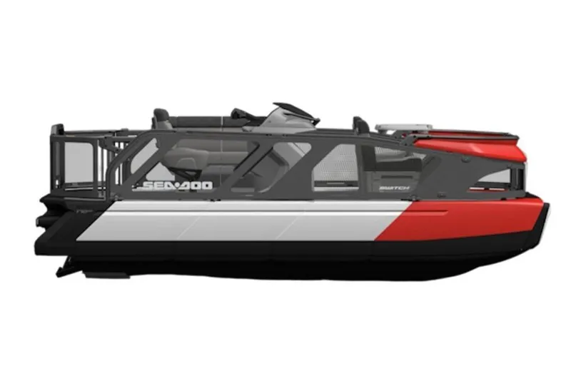 Slide: The Image of 2026 Sea-Doo Switch 16 pontoon boat, side view, red and black design. - 2