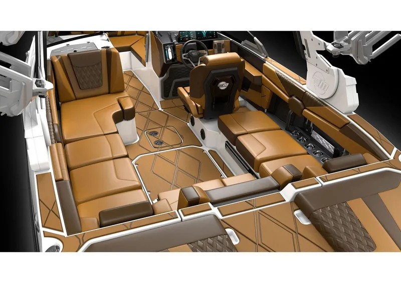Slide: The Image of Manufacturer Provided Image: Luxurious interior of 2026 Malibu M230 boat with brown leather seating and modern design. - 13
