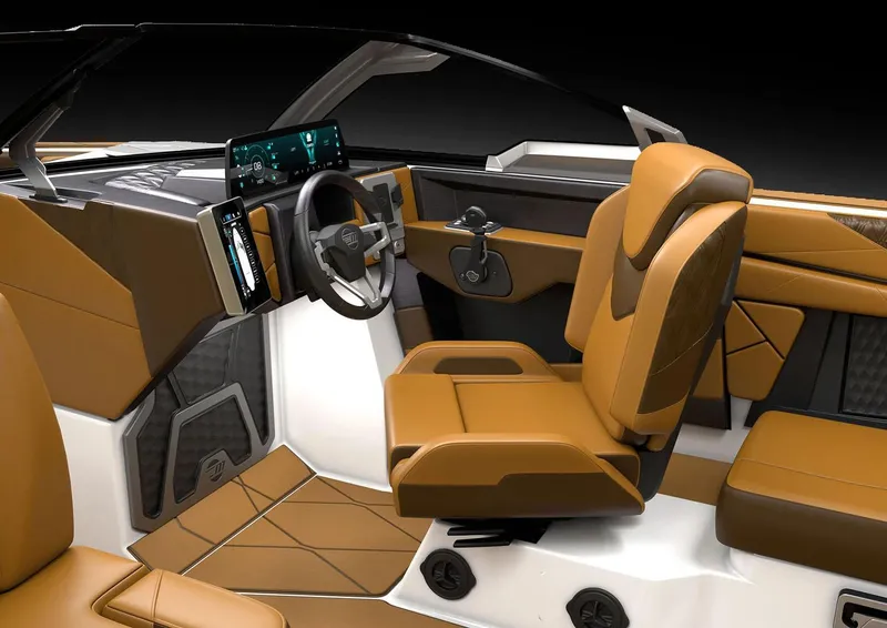 Slide: The Image of Manufacturer Provided Image: 2026 Malibu M230 boat interior with modern dashboard, tan leather seats, and sleek design. - 14