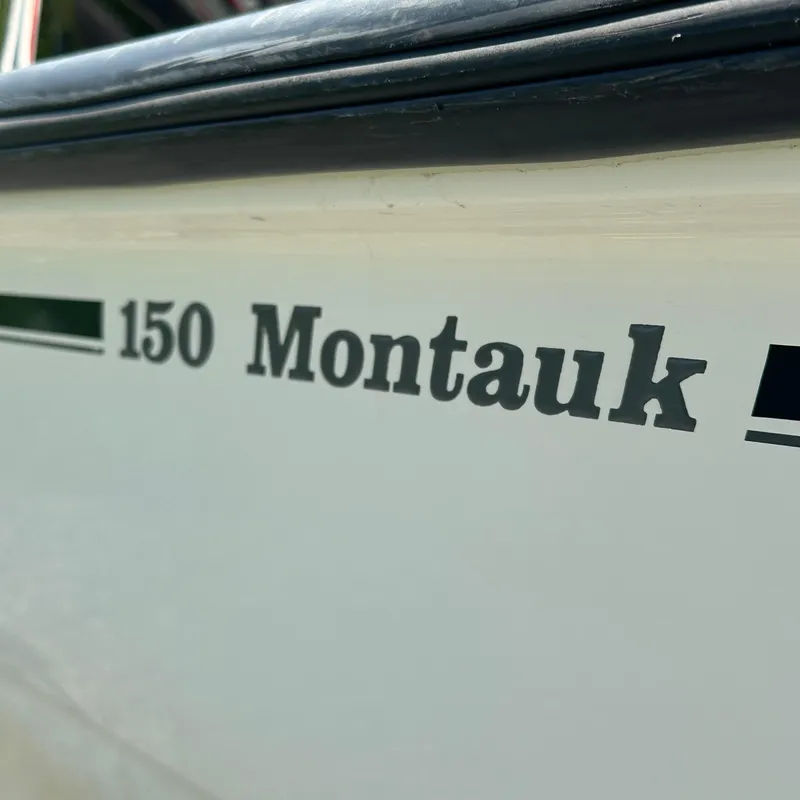 Slide: The Image of Close-up of 2014 Boston Whaler 150 Montauk boat name on hull. - 4