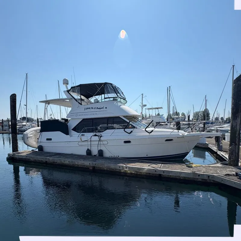 The Image of 1988 Bayliner 3587 Motoryacht docked at marina, clear sky, calm water. - 0