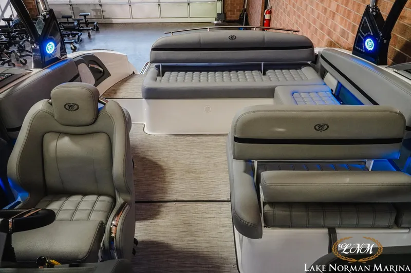 Slide: The Image of Interior of a 2021 Cobalt R5 boat with luxurious gray seating. - 20