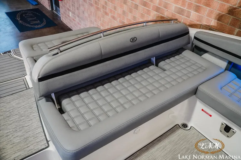 Slide: The Image of 2021 Cobalt R5 boat interior with gray quilted seating at Lake Norman Marina. - 22
