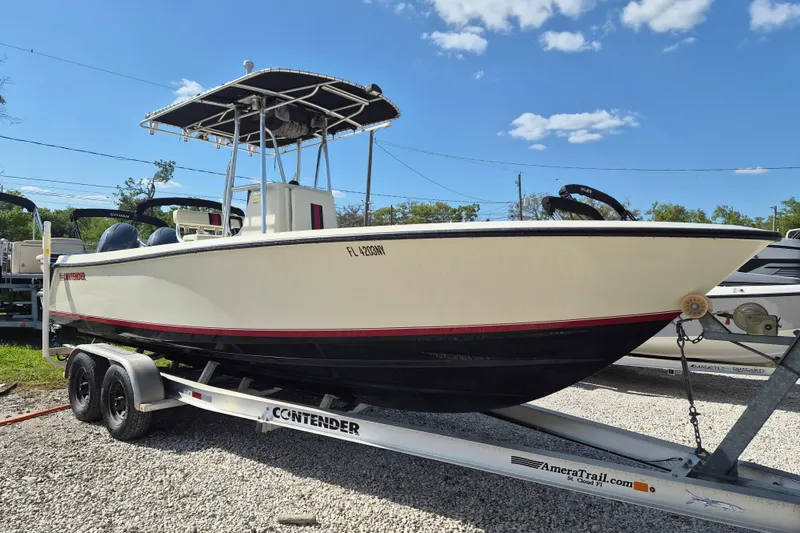 The Image of 2008 Contender 23 Tournament boat on trailer under clear blue sky. - 1