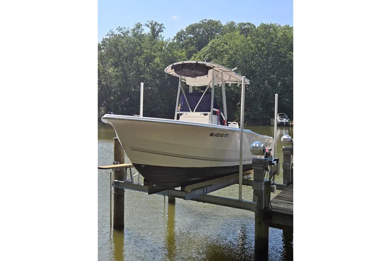 The Image of 2003 Sea Pro 206 Center Console boat docked on a lift by a wooded shoreline. - 0