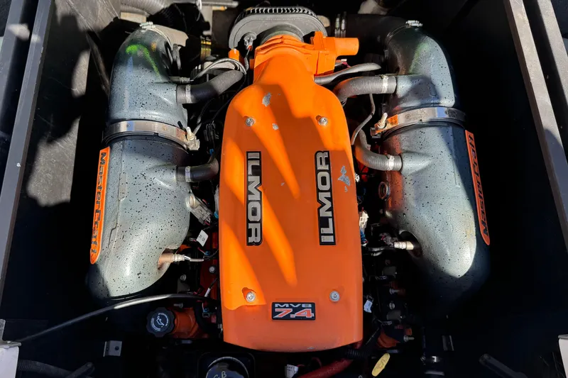 Slide: The Image of Ilmor MV8 7.4 engine in 2013 MasterCraft XStar boat, showcasing performance components. - 26