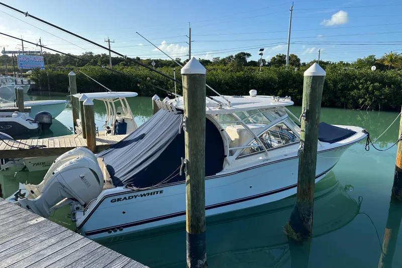 Slide: The Image of 2024 Grady-White Freedom 307 boat docked in a serene marina setting. - 10