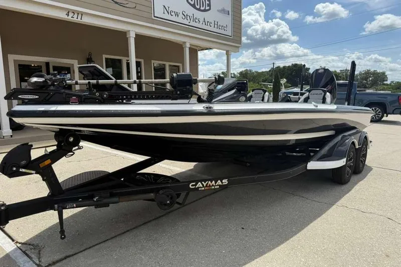 Slide: The Image of 2025 Caymas CX 20 PRO boat on trailer, parked outside a dealership under a cloudy sky. - 18