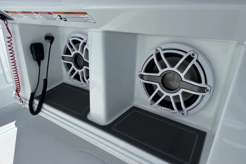 Slide: The Image of 2026 Yellowfin 36 Offshore boat speakers and radio system detail. - 21