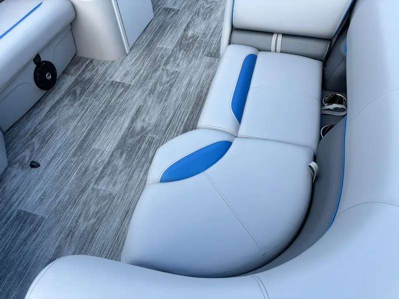 Slide: The Image of Interior of 2026 Bentley Pontoons 223 Bolt with gray and blue upholstery. - 11