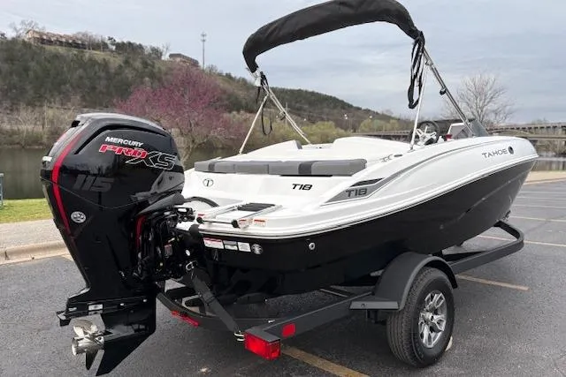 Slide: The Image of 2026 Tahoe T18 boat on trailer with Mercury 115 Pro XS outboard motor. - 71