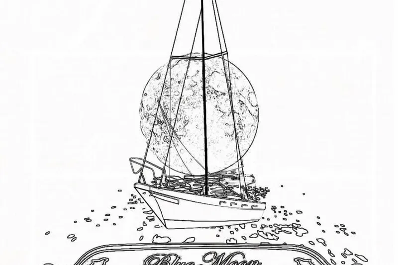 Slide: The Image of Illustration of Kadey-Krogen 38 Dual Centerboard sailboat with moon backdrop, labeled "Blue Moon." - 31