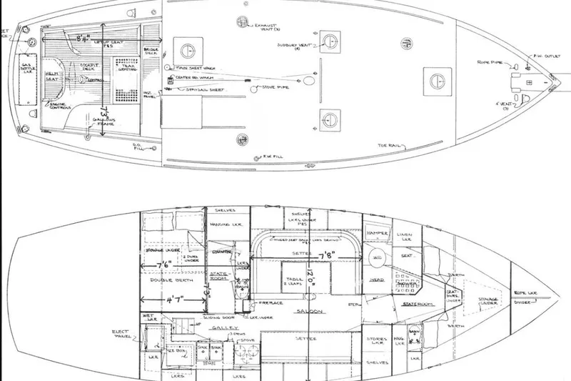 Slide: The Image of Blueprint of 1982 Kadey-Krogen 38 Dual Centerboard sailboat, showcasing deck and interior layout. - 32