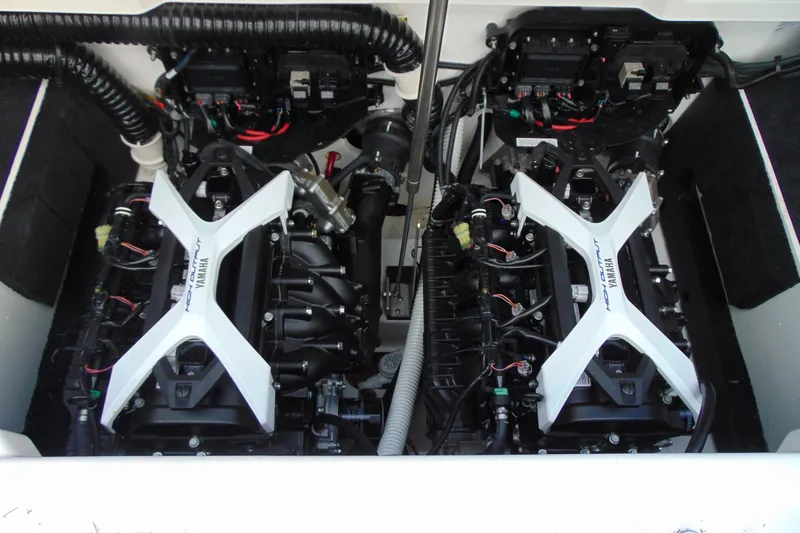 Slide: The Image of 2024 Yamaha Boats 222SD engine compartment showcasing dual high-output engines. - 13