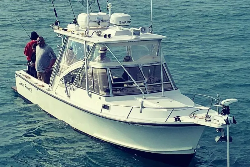 The Image of 1992 Shamrock 260 Express boat with anglers on calm water. - 0