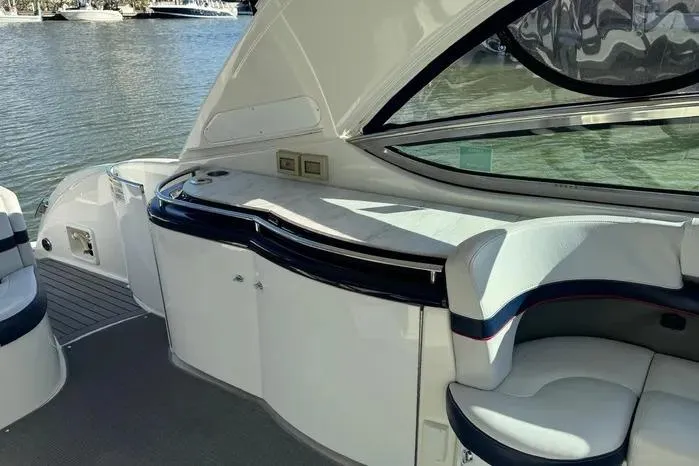 Slide: The Image of 2017 Formula 400 Super Sport yacht interior with seating and water view. - 27