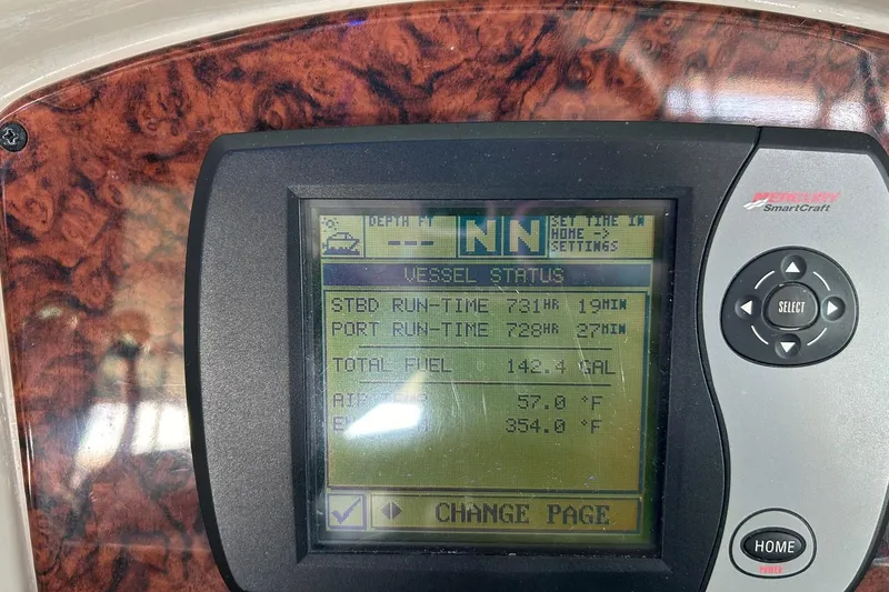 Slide: The Image of Mercury SmartCraft display on 2006 Sea Ray Sundancer 320 showing vessel status and fuel data. - 34