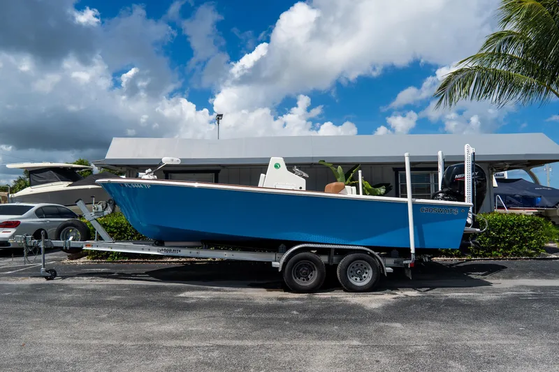 The Image of Blue 2022 Croswait 21 boat on trailer under cloudy sky, parked near palm tree. - 0