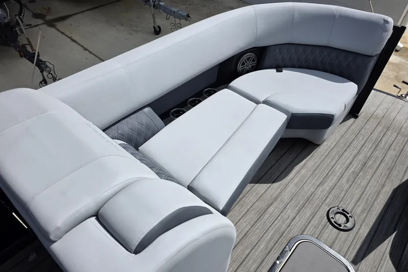 Slide: The Image of Luxurious seating on 2021 Harris Solstice 230 SL pontoon boat, featuring elegant upholstery. - 8