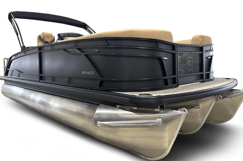 The Image of 2026 Godfrey Monaco 23' Tritoon with sleek black design and luxurious seating. - 0