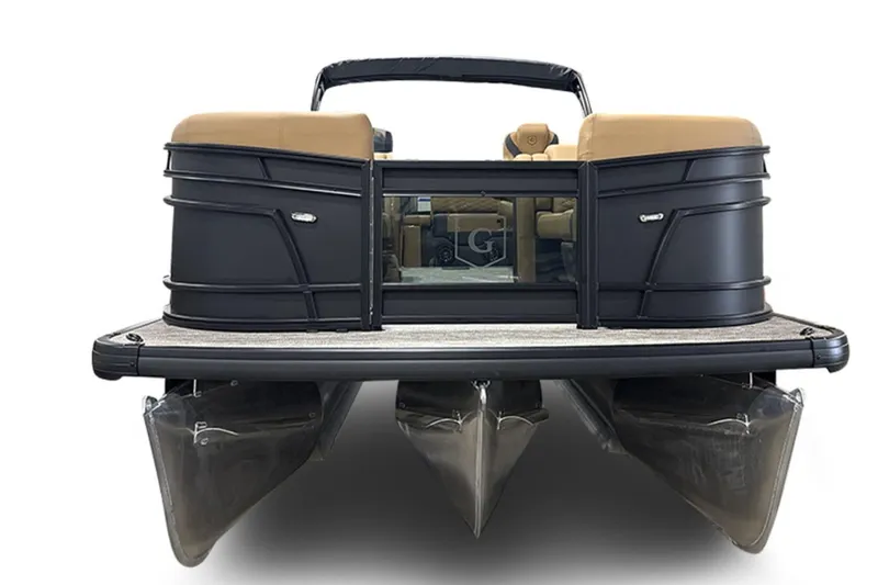 Slide: The Image of 2026 Godfrey Monaco 23' Tritoon with sleek black design and tan seating. - 4