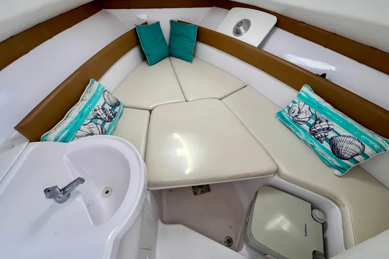 Slide: The Image of 2018 Pro-Line 26 Express cabin interior with seating, sink, and decorative pillows. - 29