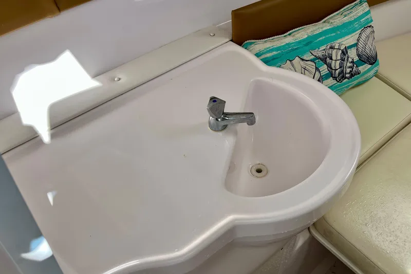 Slide: The Image of Compact sink area in 2018 Pro-Line 26 Express boat interior with decorative cushion. - 32