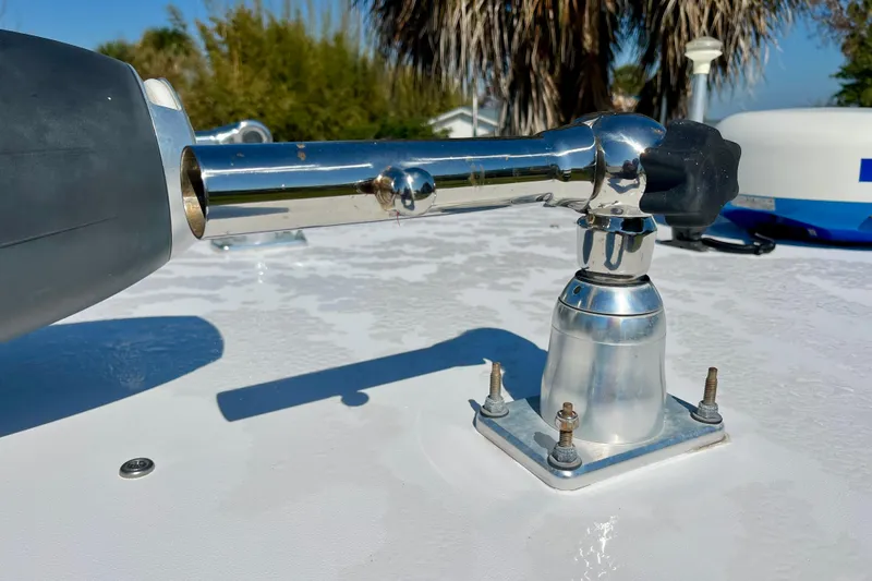 Slide: The Image of Close-up of a 2018 Pro-Line 26 Express boat's stainless steel fitting on deck. - 49
