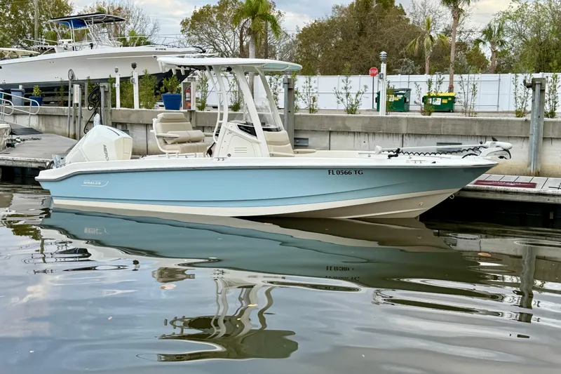 The Image of 2022 Boston Whaler 220 Dauntless boat docked in a marina, reflecting on calm water. - 12