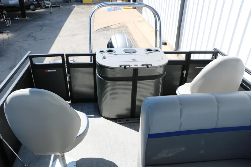 Slide: The Image of 2023 Qwest E820 XRE CR L pontoon boat interior with seating and control console. - 24