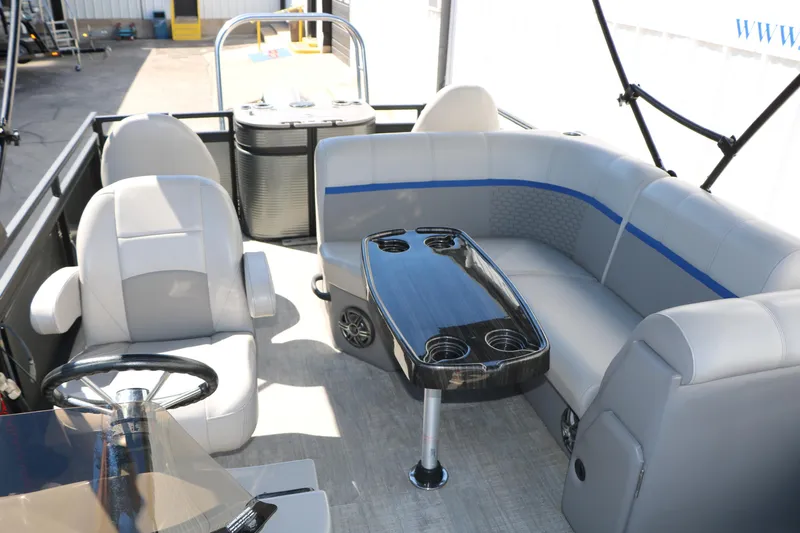 Slide: The Image of Interior of 2023 Qwest E820 XRE CR L pontoon boat with seating and table. - 35