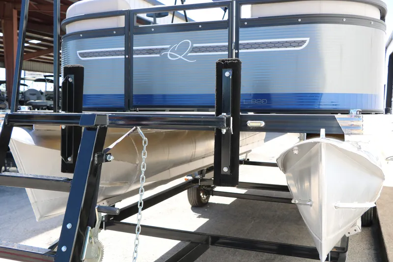 Slide: The Image of 2023 Qwest E820 XRE CR L pontoon boat on trailer, side view. - 6