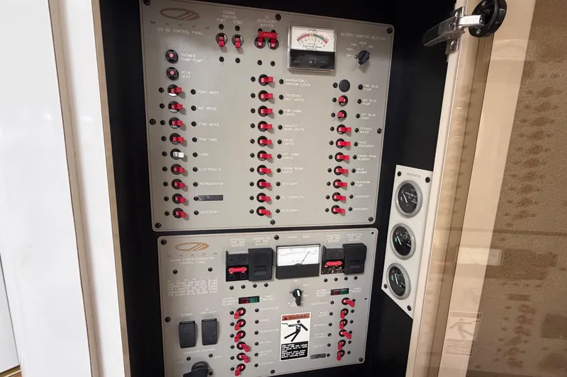 Slide: The Image of Electrical control panel of a 1996 Maxum 3700 SCR boat, featuring switches and gauges. - 20