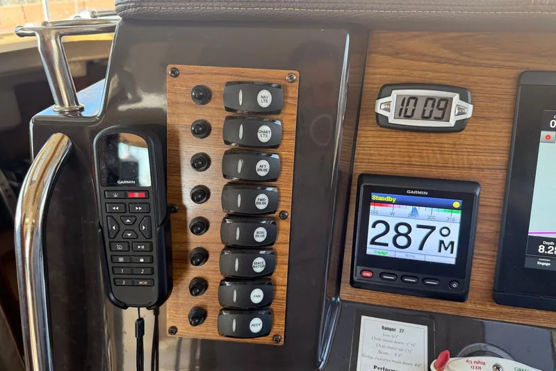 Slide: The Image of Control panel of a 2020 Ranger Tugs R-27 boat with Garmin navigation system. - 16