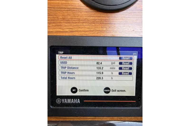Slide: The Image of Yamaha display showing trip data on a 2020 Ranger Tugs R-27 boat. - 17