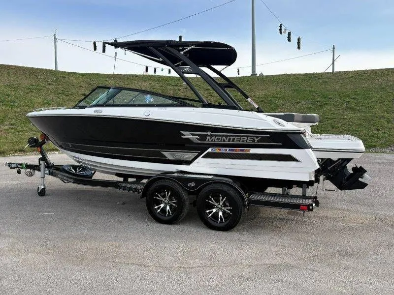 Slide: The Image of 2023 Monterey 218SS Super Sport boat on trailer. - 9