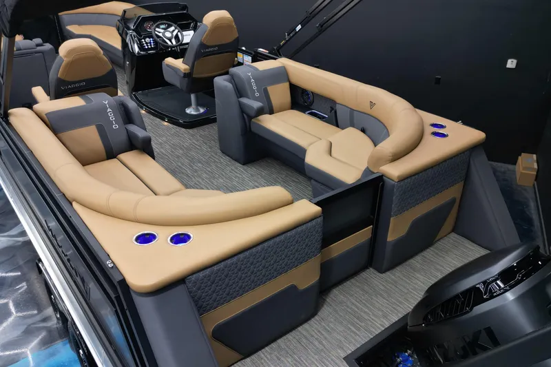 Slide: The Image of Luxurious interior of 2026 Viaggio Lago Z-U 24 boat with plush seating and modern dashboard. - 11