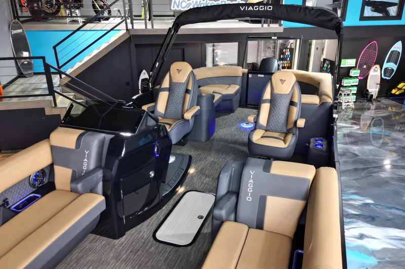 Slide: The Image of Luxurious 2026 Viaggio Lago Z-U 24 pontoon boat interior with plush seating and modern design. - 15