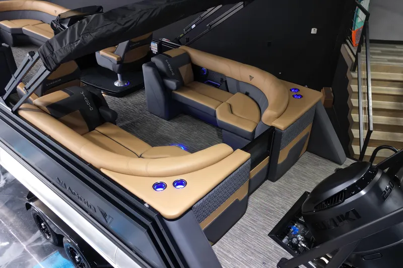 Slide: The Image of Luxurious interior of 2026 Viaggio Lago Z-U 24 pontoon boat with plush seating and modern design. - 16