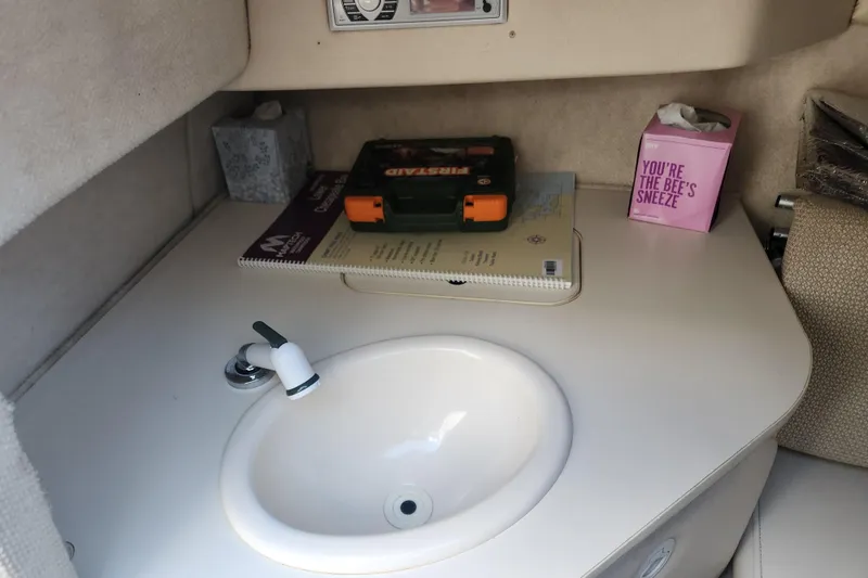 Slide: The Image of Interior of 2003 Sea Ray 225 Weekender with sink, storage, and decorative items. - 11