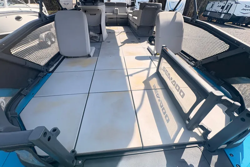 Slide: The Image of 2022 Sea Doo Switch interior with modular seating and spacious deck layout. - 9