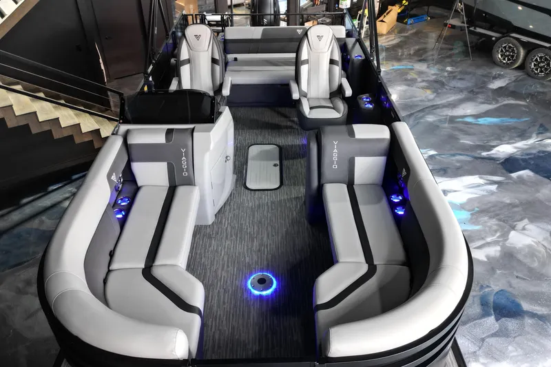 Slide: The Image of Luxurious 2026 Viaggio Lago X-S 22 pontoon boat interior with modern seating and ambient lighting. - 14