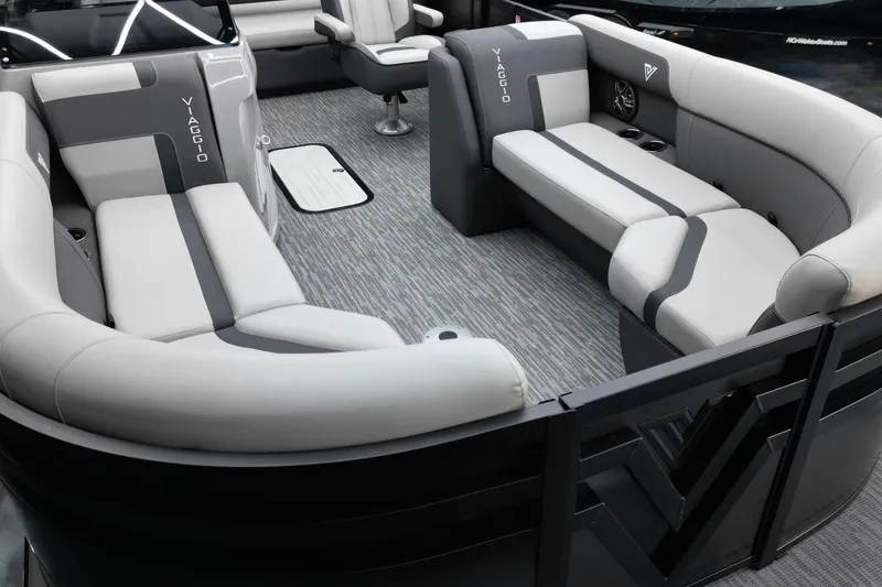 Slide: The Image of Luxurious interior of 2026 Viaggio Lago X-S 22 pontoon boat with plush seating. - 21
