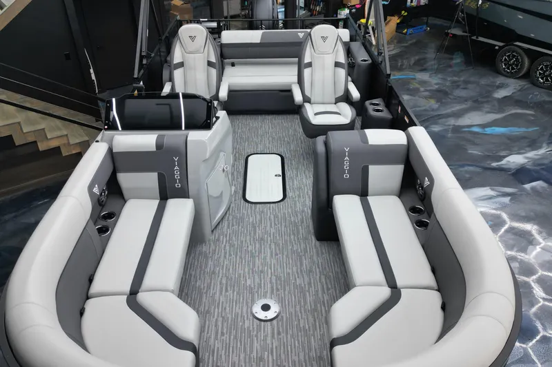 Slide: The Image of Luxurious interior of 2026 Viaggio Lago X-S 22 pontoon boat with sleek seating. - 23