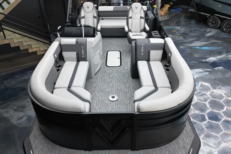 Slide: The Image of Luxurious 2026 Viaggio Lago X-S 22 pontoon boat interior with plush seating and modern design. - 24